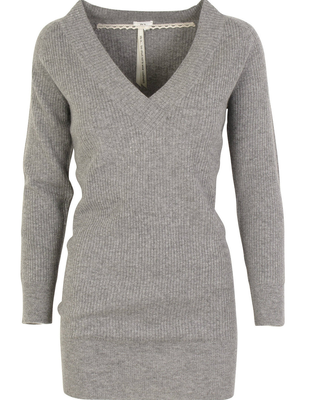 Ribstrikkjole m. V-neck - Grey melange